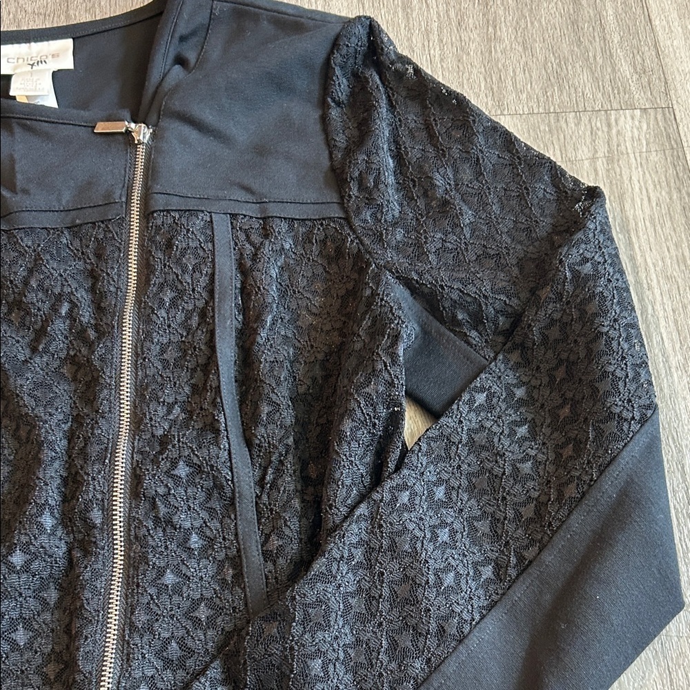 Chico's Navy Textured Blazer with Asymmetrical Zipper - Picture 2 of 6